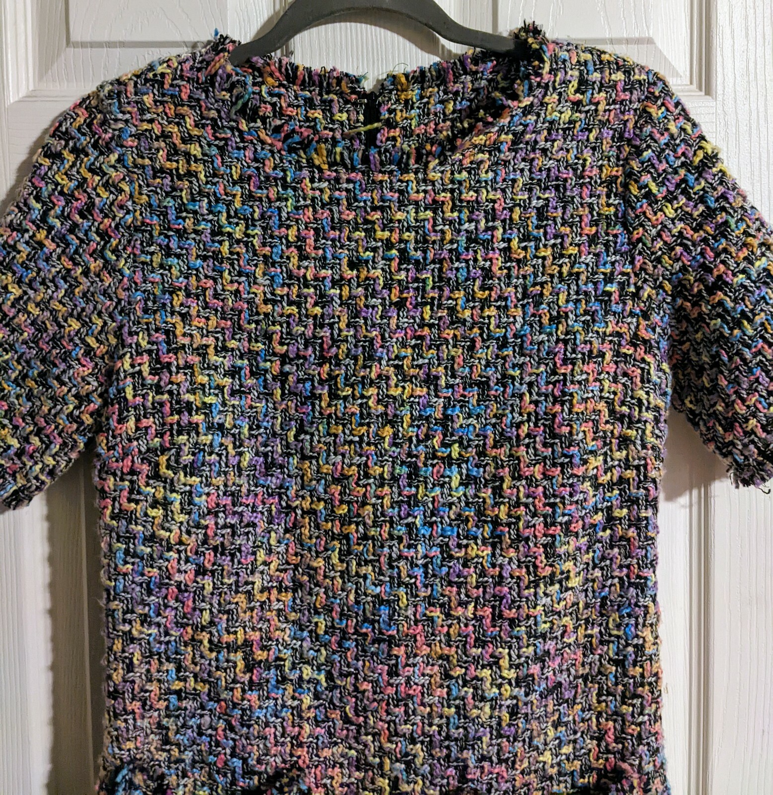 Tweed Multicolor Shift Dress S Barbiecore Short Sleeve Designer-Like Mod Retro