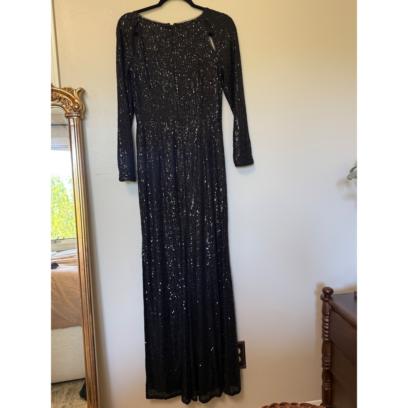 Black Sequin Long Sleeve Maxi Dress Shoulder Cut Out Side Slit Formal Gown