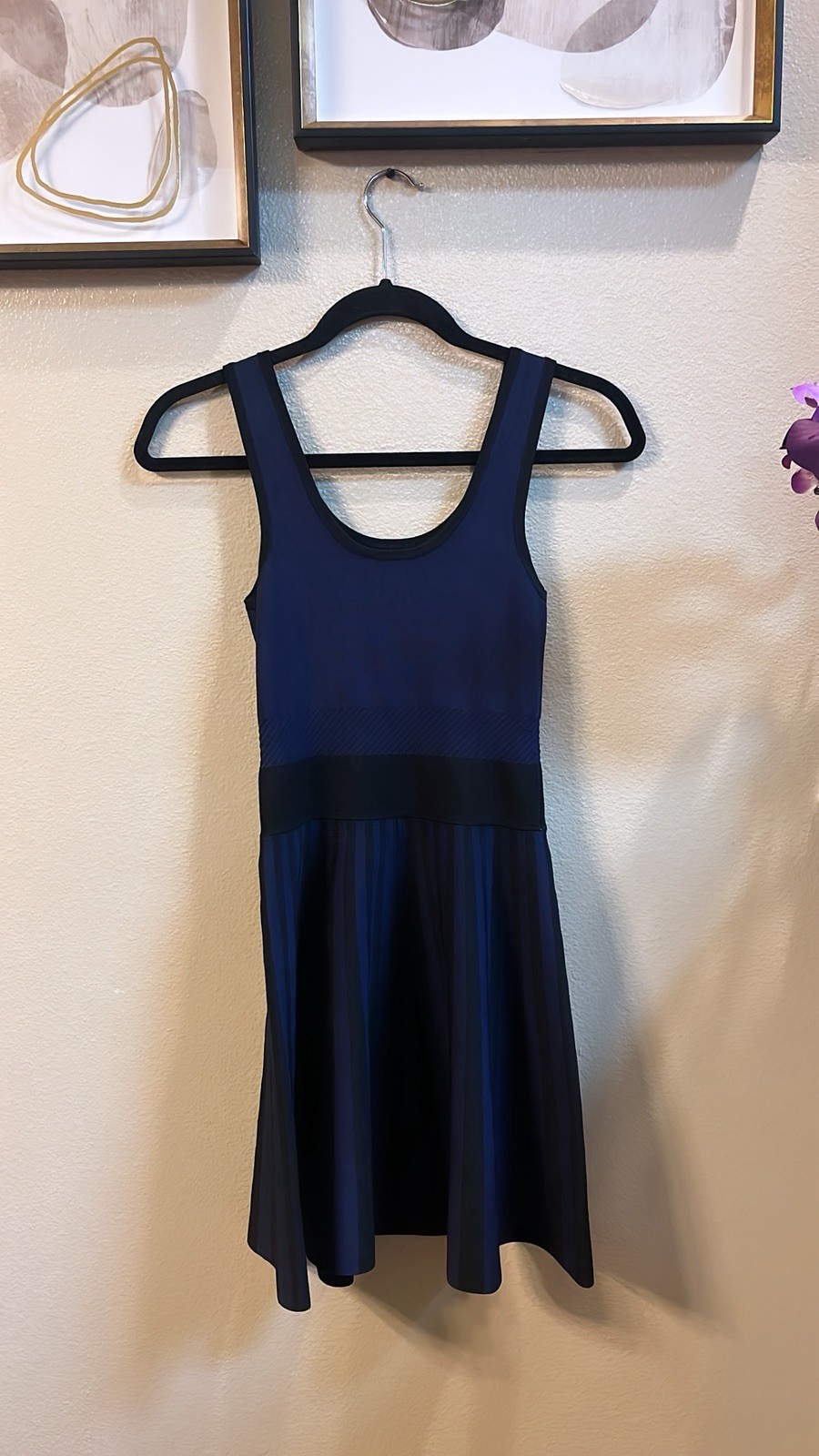 Guess Los Angeles fit and flare Black And Blue Striped Bandage Dress Small