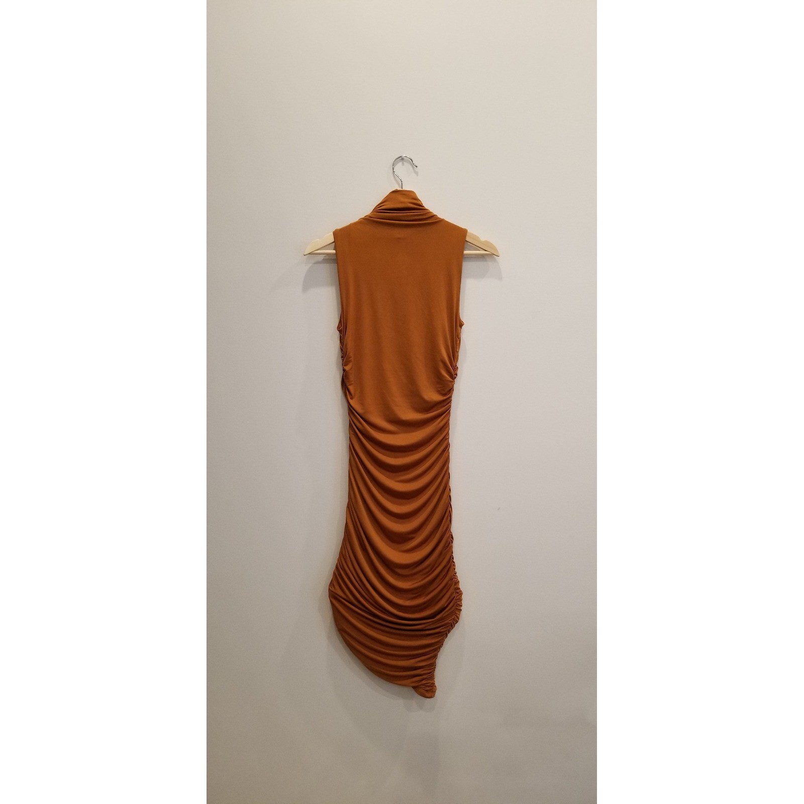 Express Rust Brown Mock Neck Ruched Bodycon Sleeveless Asymmetrical Dress XXS