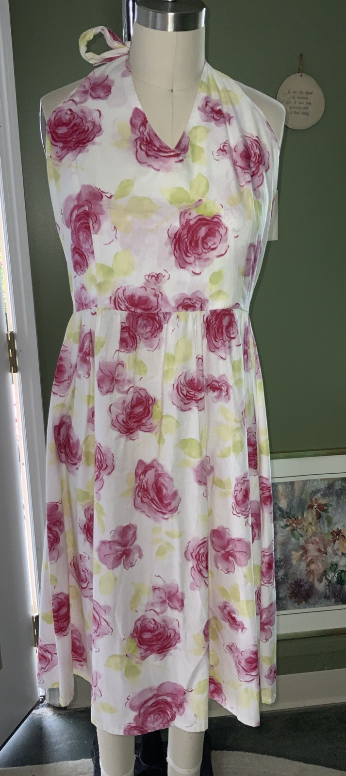 Halter Sundress Pink Red Roses Print Sz 10 Cotton Homemade