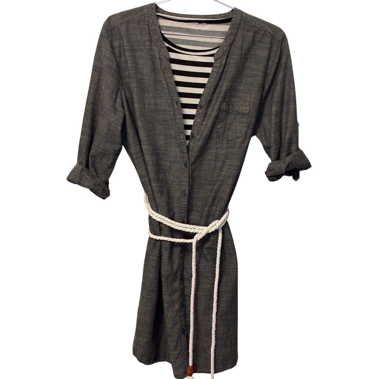 Chambray Button Down Shirt Dress Grey Blue Roll Tab Sleeve with Rope Belt