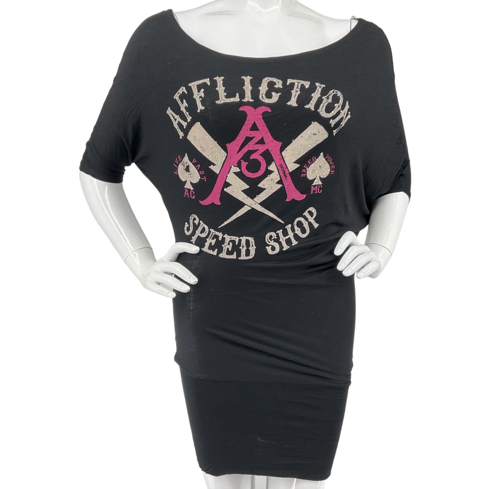 Affliction Dress Women’s Size XS Black Gathered Drop shoulder Black Premium $88