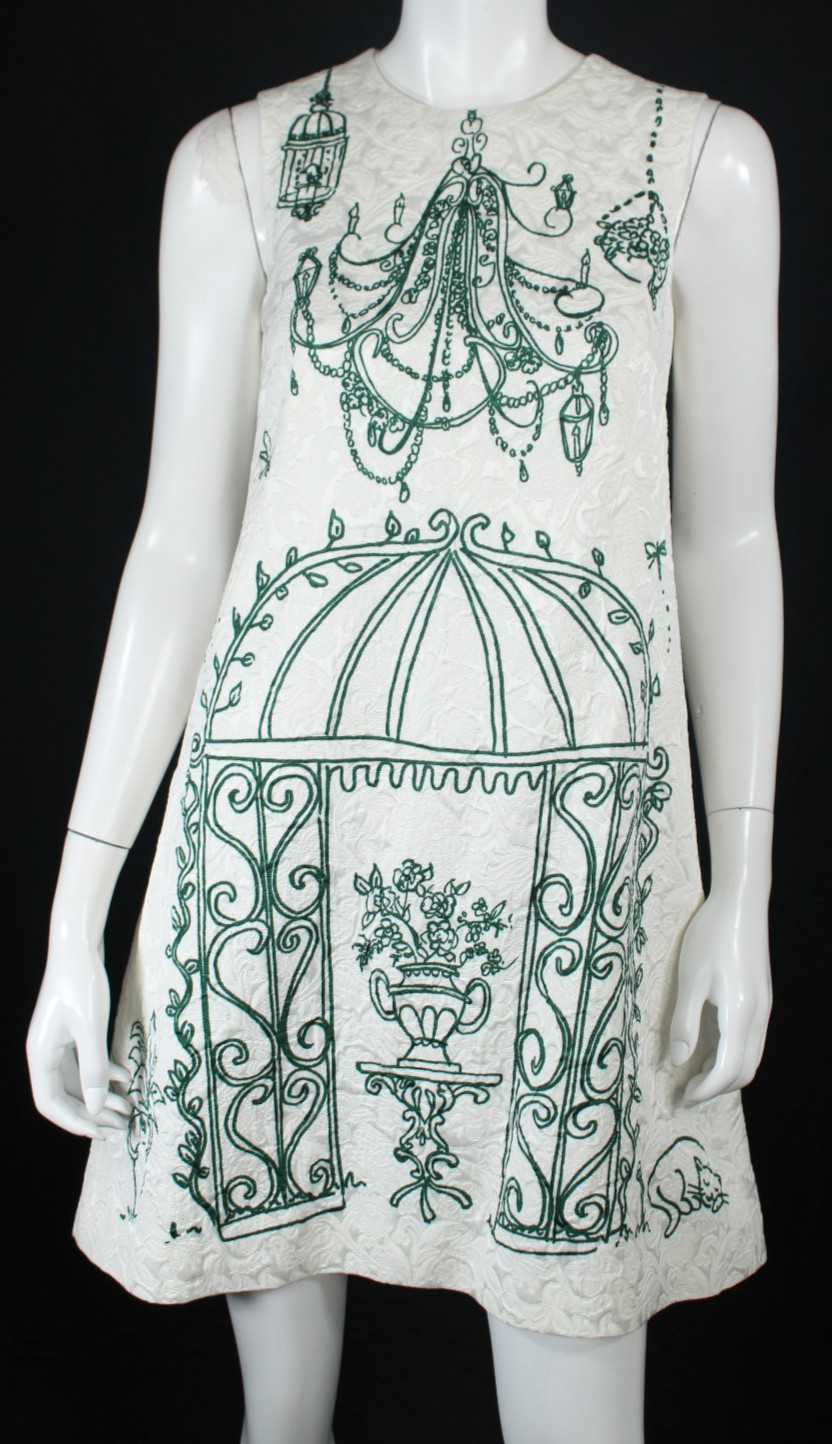 DOLCE & GABBANA White & Green Illustration Print Matelasse Shift Dress 38