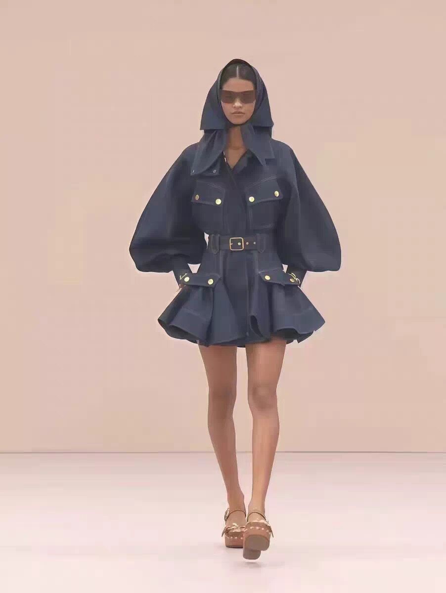 Zimmermann 2026 Spring Summer Runway Lantern Sleeve Denim Belted Puff Mini Dress