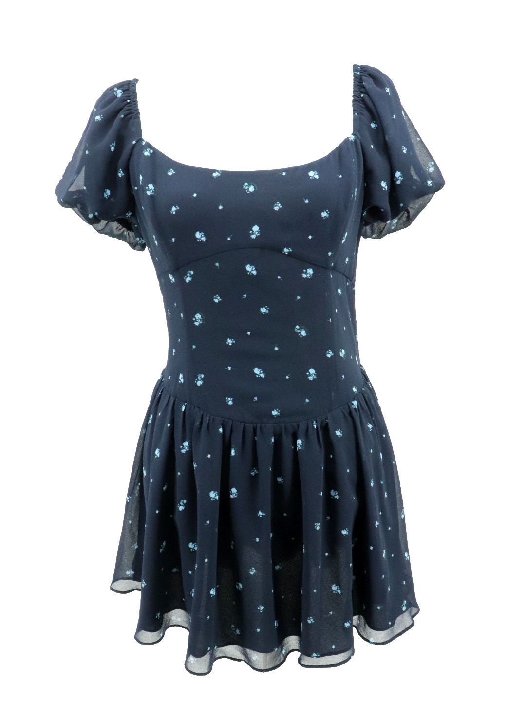 Artizia Sunday Best Fit Flare Mini Dress Size Medium Navy Floral Puff Sleeve New