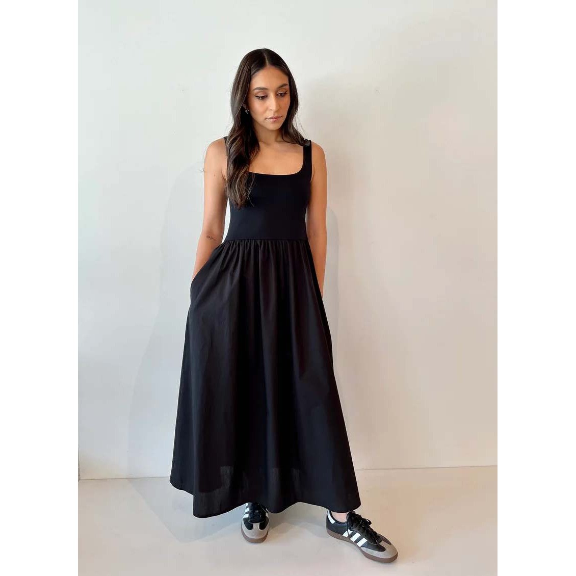 Marcella NYC Maxi Dress Women XXL Black Mixed Media Ponte Cotton Sleeveless