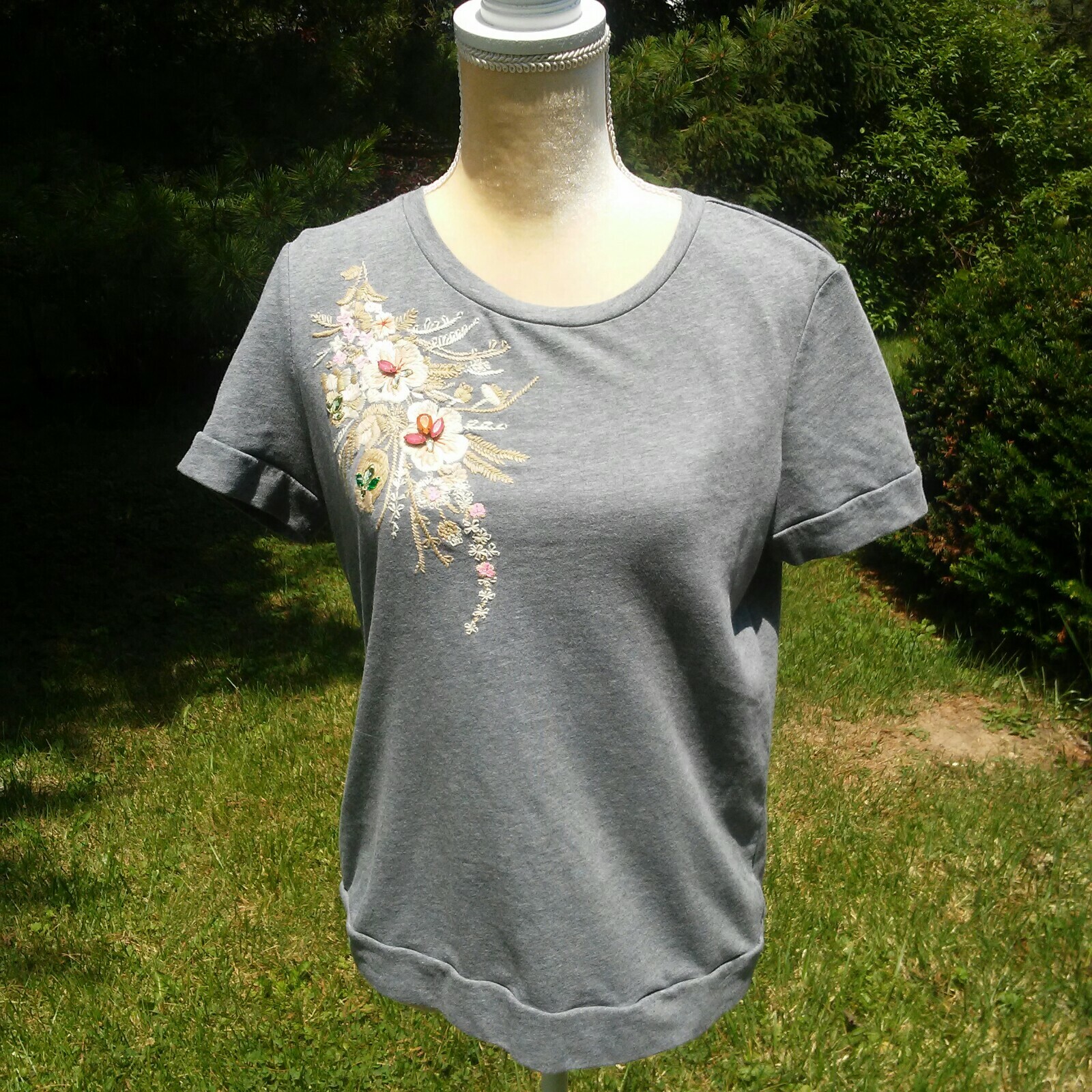 Peter Som For Design Nation Gray Floral Jeweled T Shirt Medium
