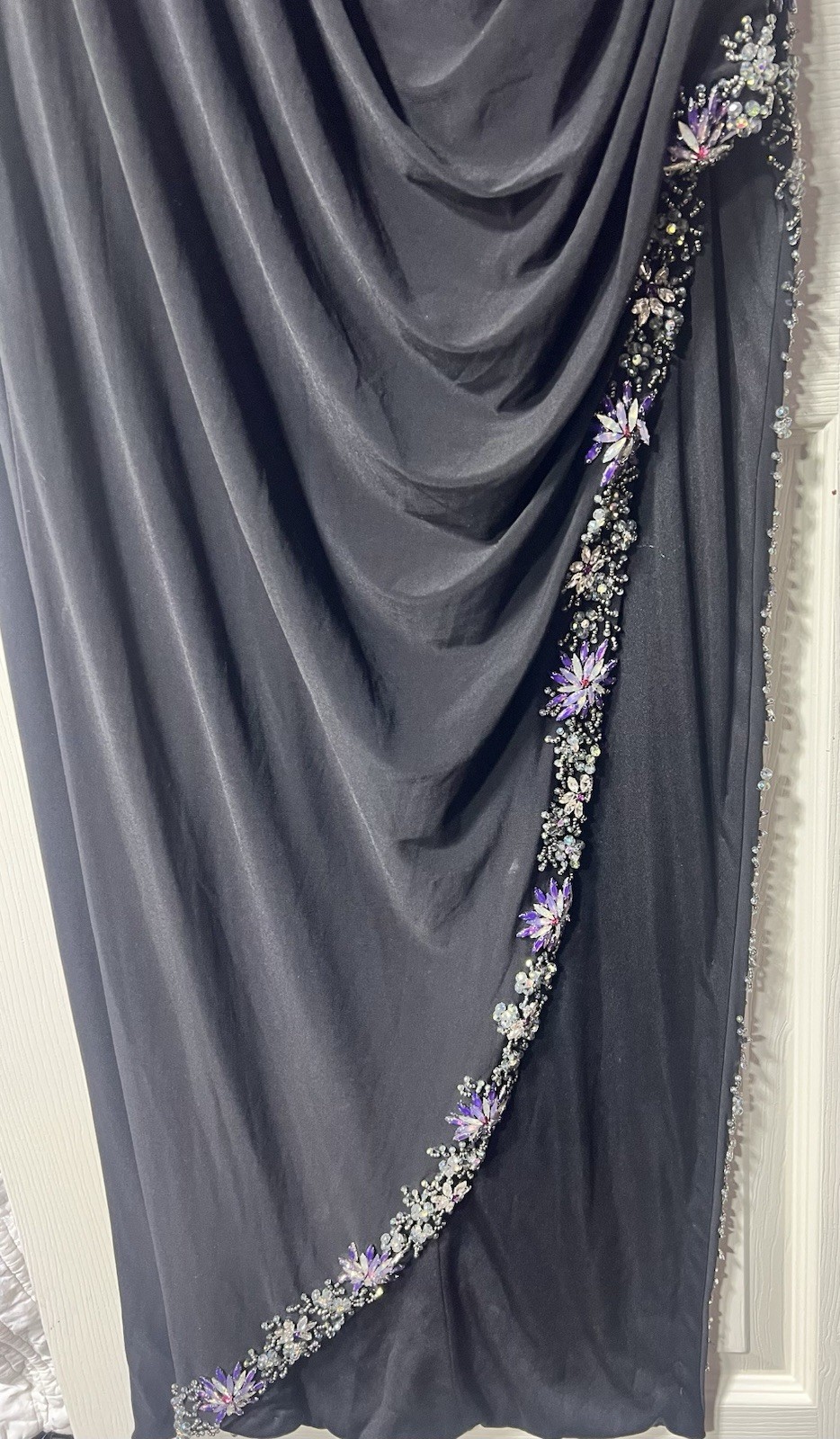 Mac Duggal Black One Shoulder Ruched Long Gown Beaded Trim Plus 18W