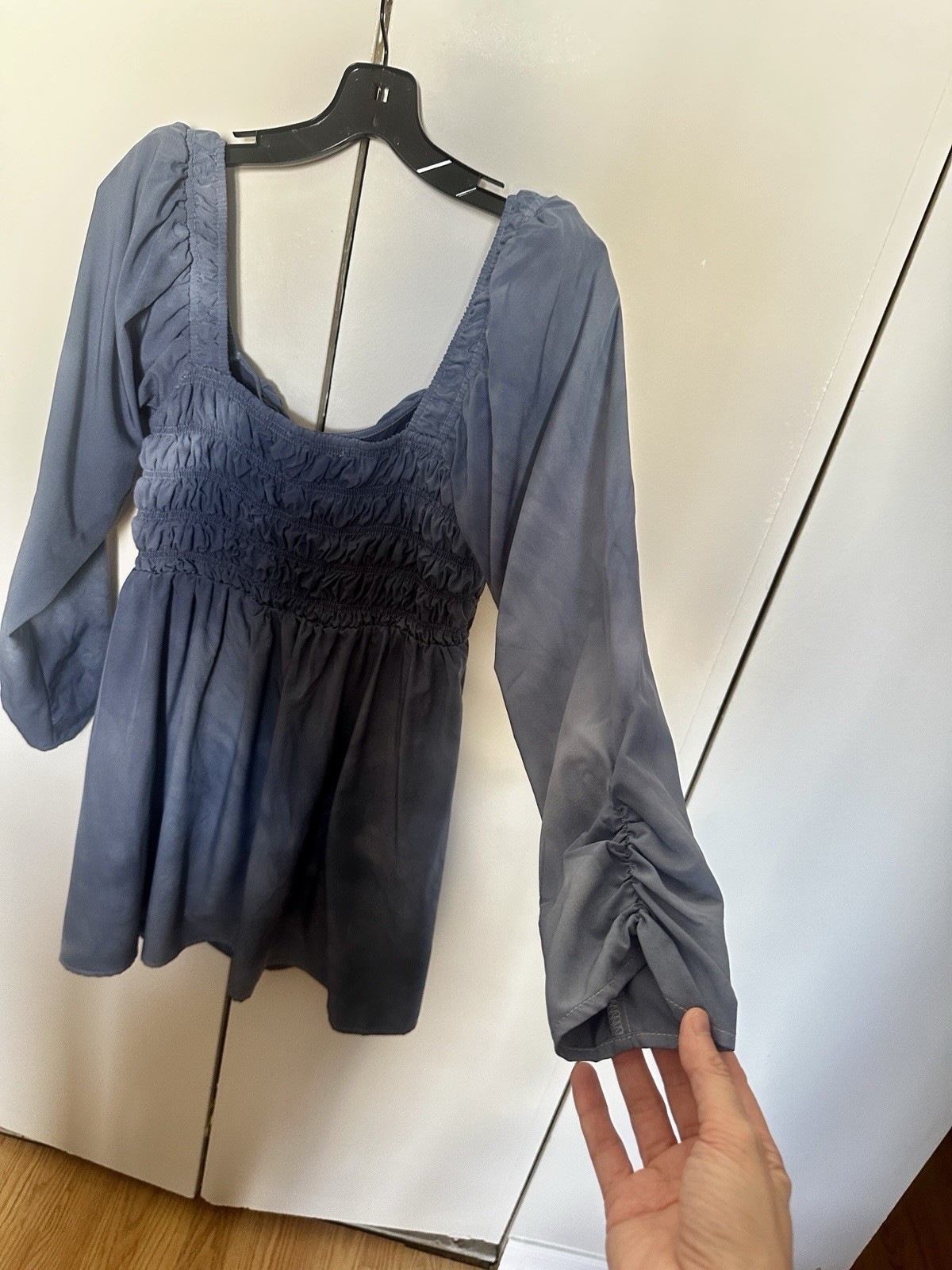 ASTR The Label Blue Dyed Smocked Puff Long Sleeve Mini Babydoll Peasant Dress L