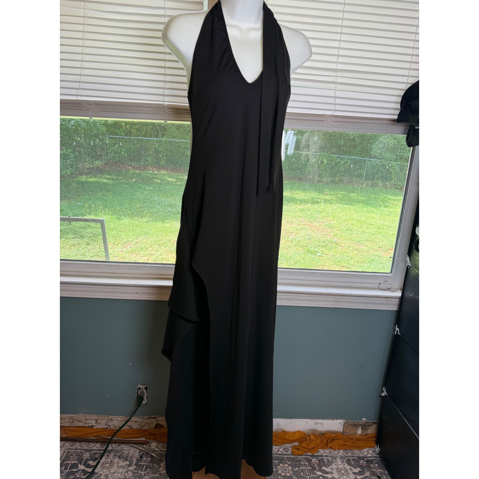Black Halter Neck Maxi Dress Ruffle Side Slit dress Small