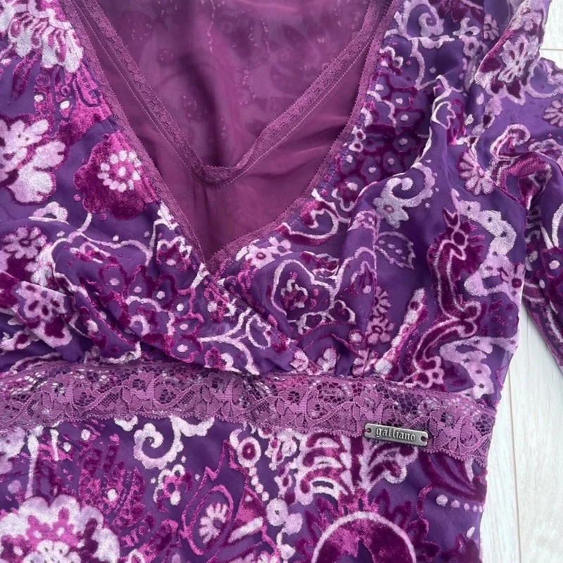 John Galliano Purple Velvet Burnout Floral Mini Dress Size IT 40 / UK 8