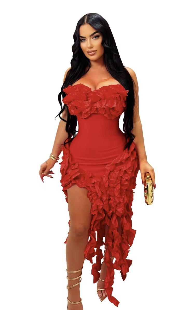 Strapless Ruffle Hi-Low Bodycon Asymmetric Dress Multicolor Party Sleeveless