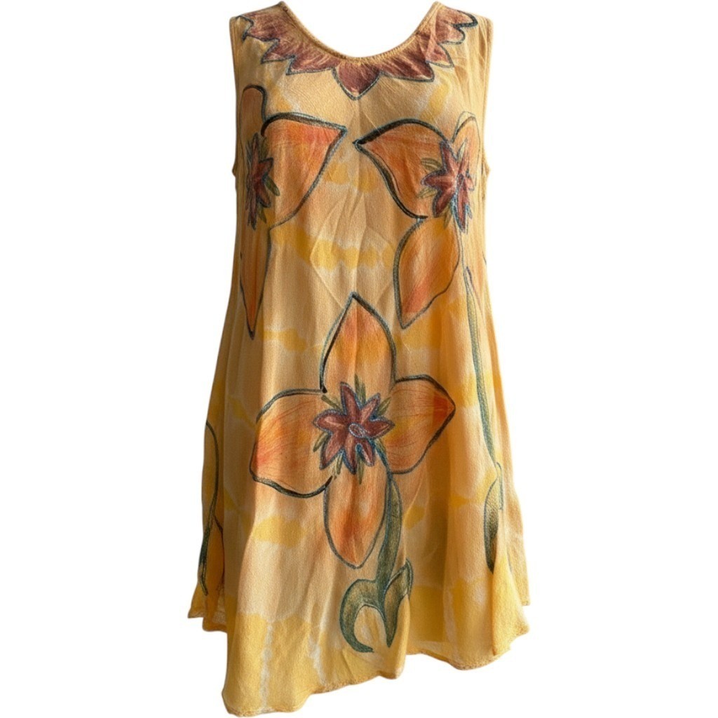 Sunflower Batik Floral Crinkle Cover Up Tunic Dress Yellow Boho OS Lagonlook