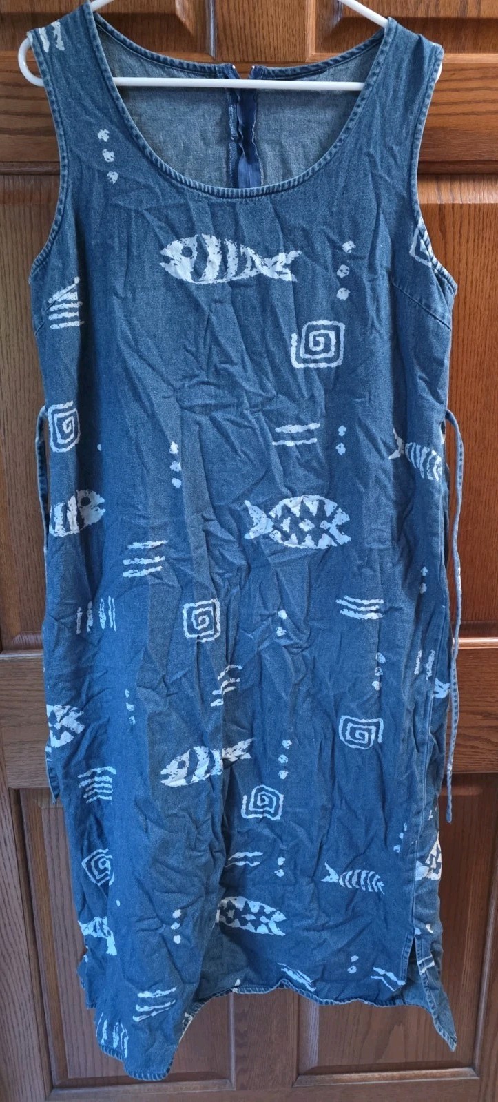Vtg BLUE J Blue Denim Tank Dress Sz L Fish Graphic Print Tropical Nautical Coast
