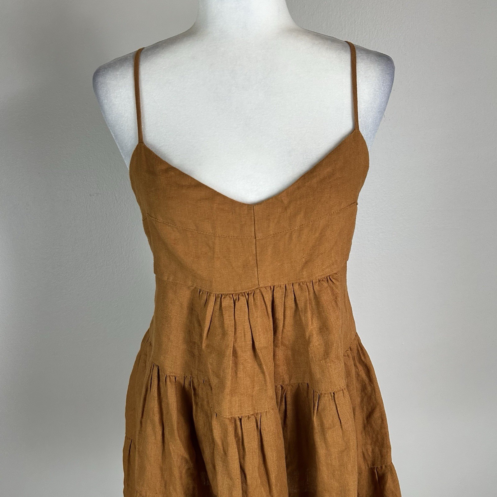 Botique Mini Dress Linen Brown Mini Large Sun Summer Tiered Pleated Natural Gold