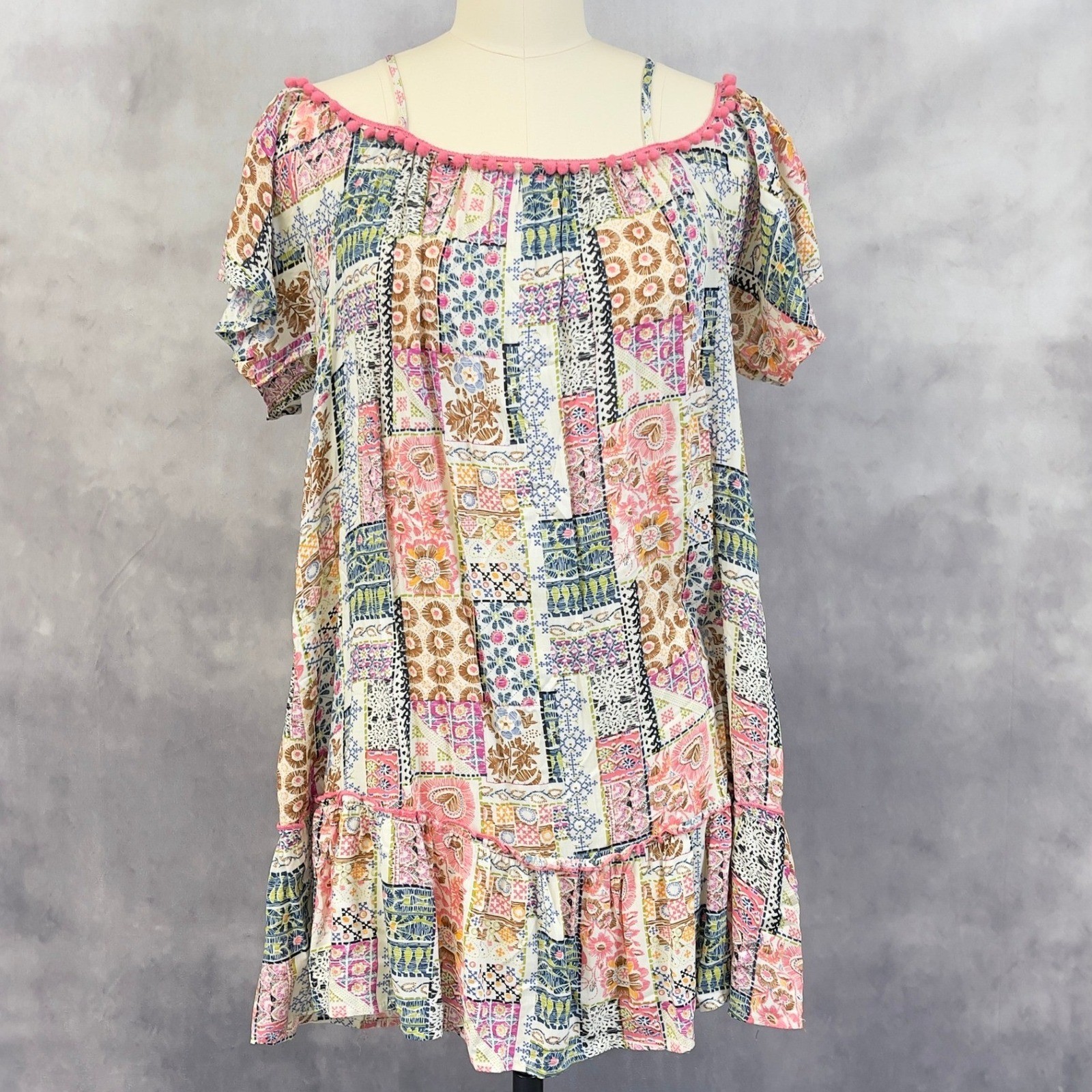 Umgee Patchwork Cold Shoulder Tunic Mini Dress Women Small Flowy Boho Indie Pom