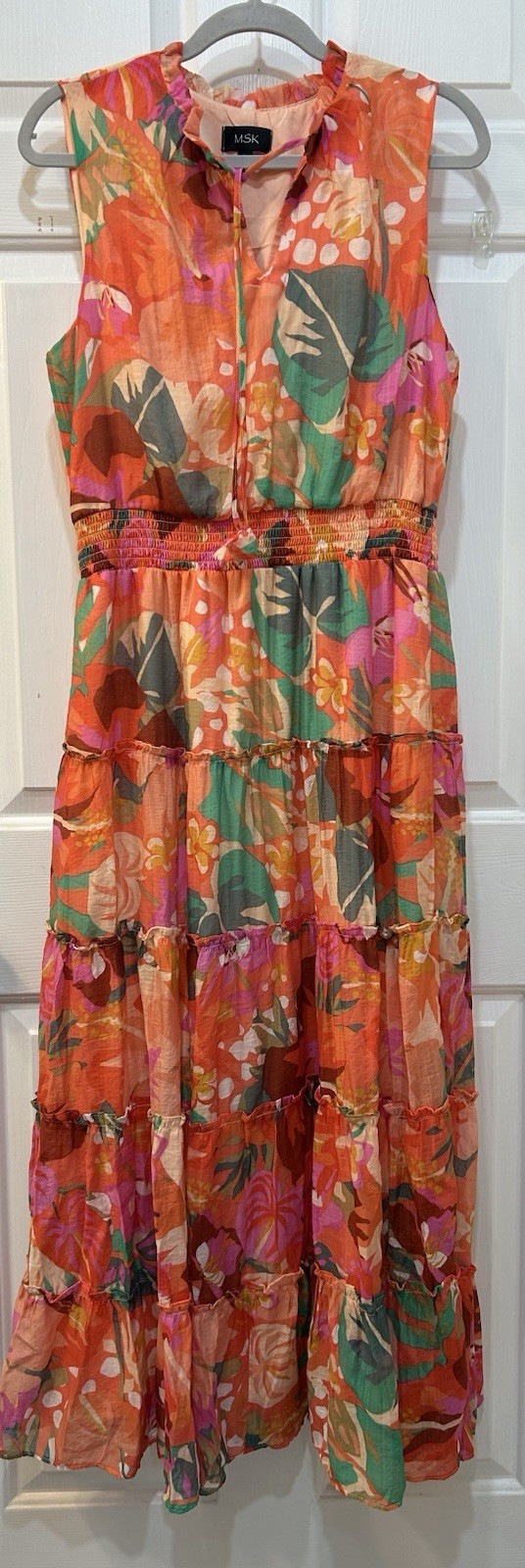 MSK Tiered Summer Floral Maxi Dress Sz L Colorful Sleeveless Smocked Tropical
