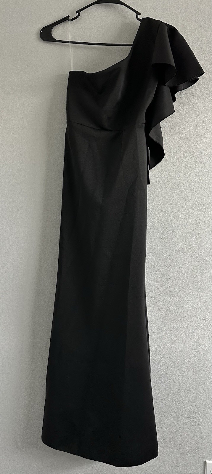 Ababalaya Black Satin One Shoulder Ruffle Long Sheath Dress Side Slit Size M