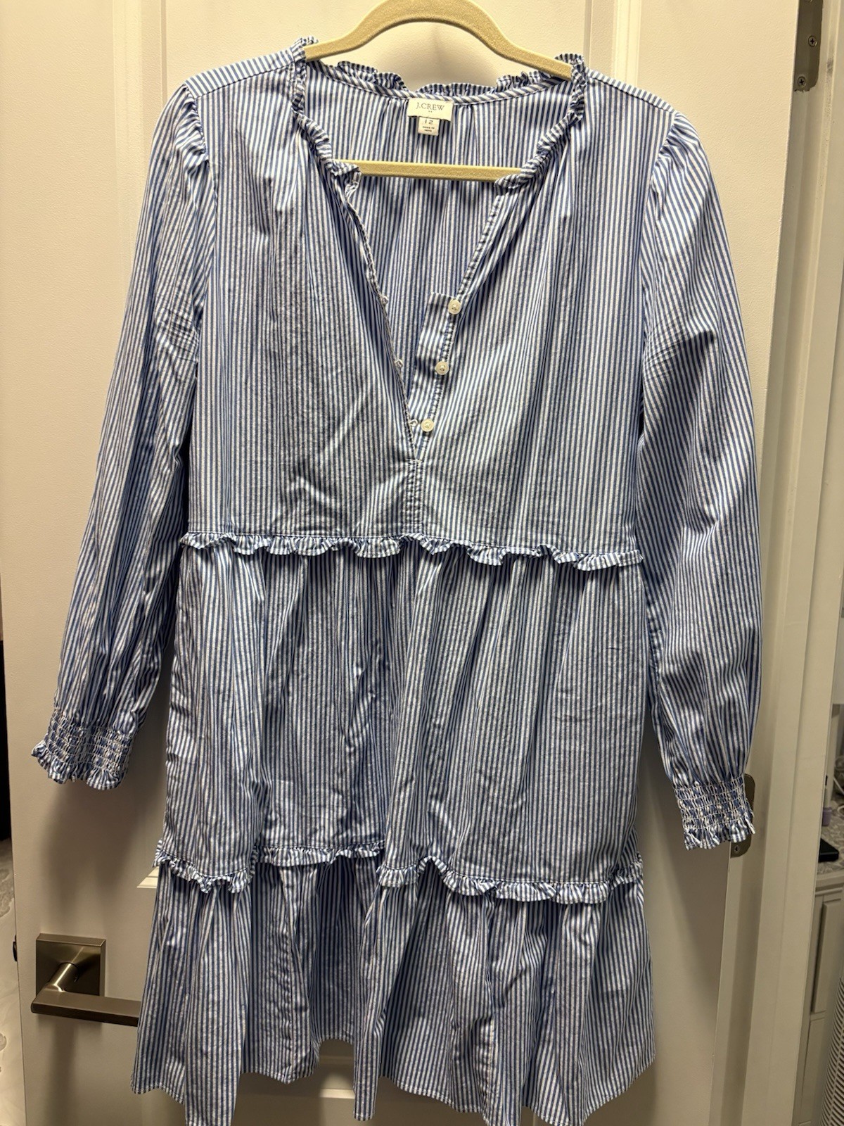 J Crew Dress Striped Stretch Cotton Poplin Tiered Blue Stripe size Medium NWOT
