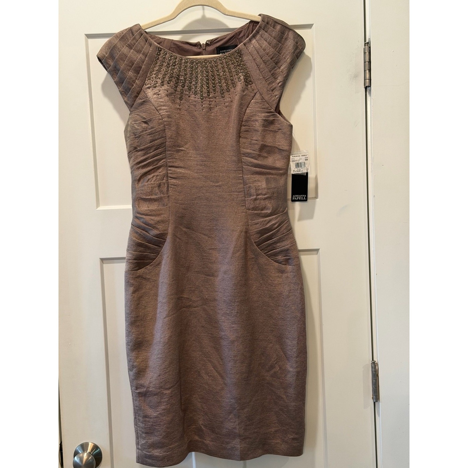 Adrianna Papell Iridescent Mocha Brown Embellished Sheath Dress – Size 10 NWT