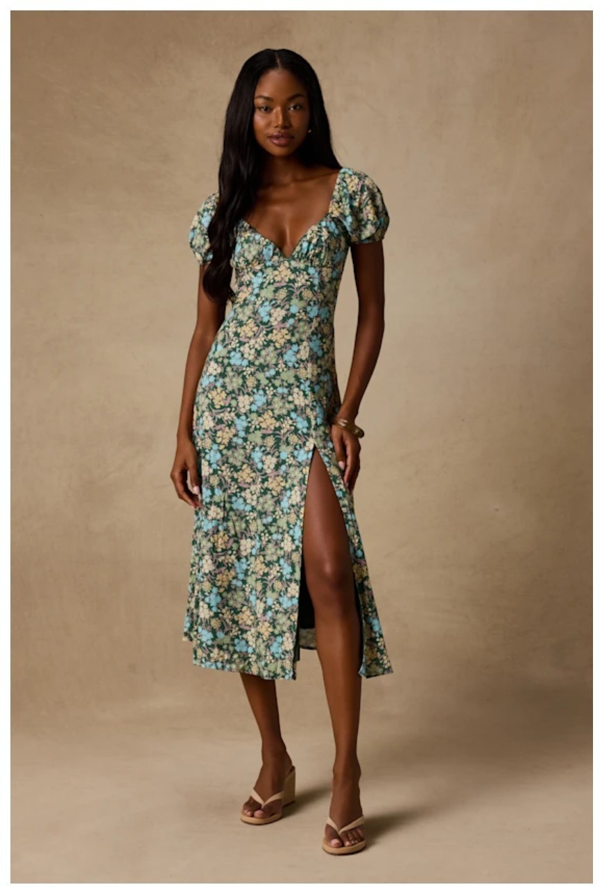 Meadow Muse Green Floral Tie-Back Puff Sleeve Midi Dress Lulus XS Ships Free
