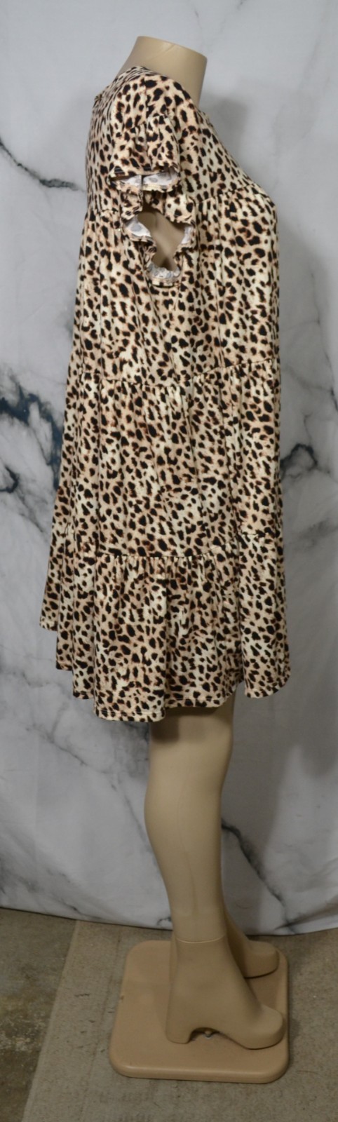 ENTRO Tan Brown Black Leopard Print Mock Neck Ruffle Sleeve Tiered Dress Large