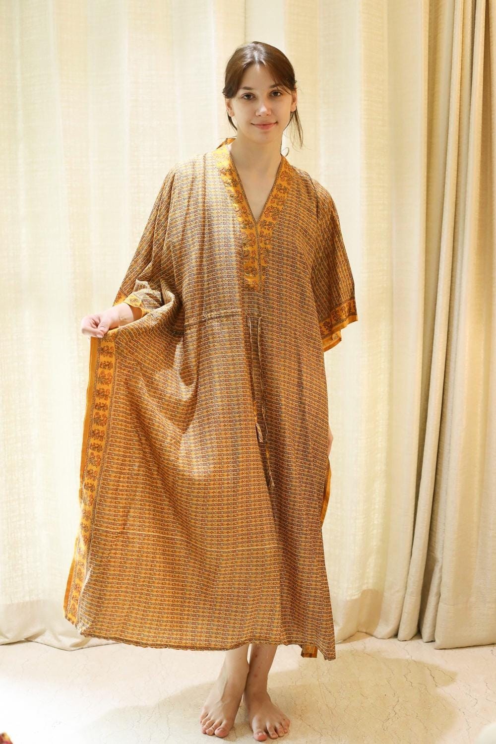 Silk Yellow Kaftan / Handmade Flowy Maxi Dress / Resort Wear Outfit PS MFN1006