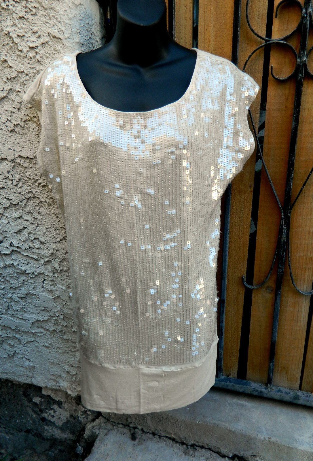 DO & BE MINI DRESS TAUPE SZ M SEQUINED FRONT CAP SLEEVE NWT