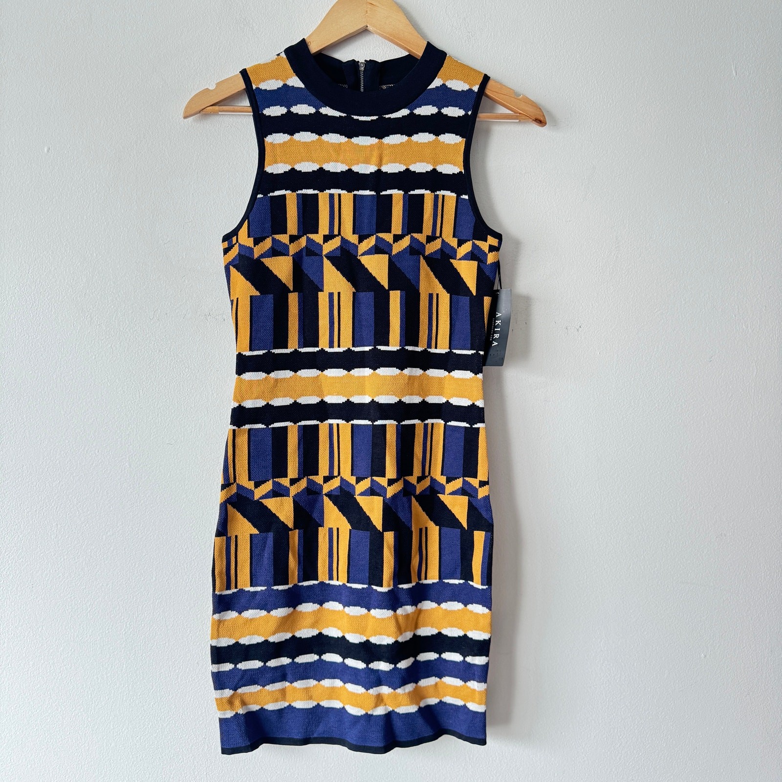 Akira Sweater Dress Womens Small Yellow Blue Geometric Print Bodycon Going Out