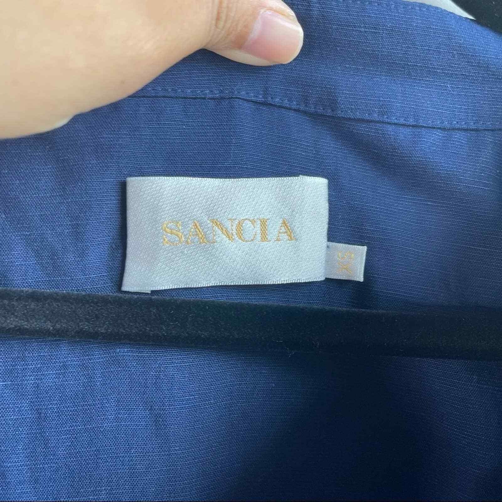 Sancia anthropologie blue linen button front ruffle sleeves size XS vacation