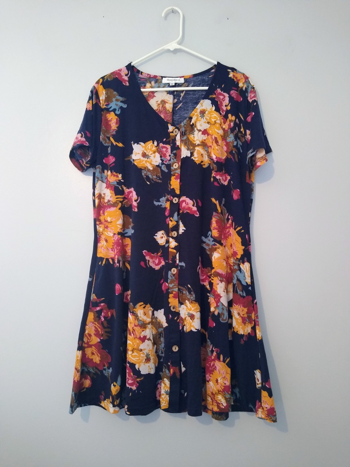 Manydress Shift Dress XL Navy Floral Button Down V Neck Knit Summer Casual