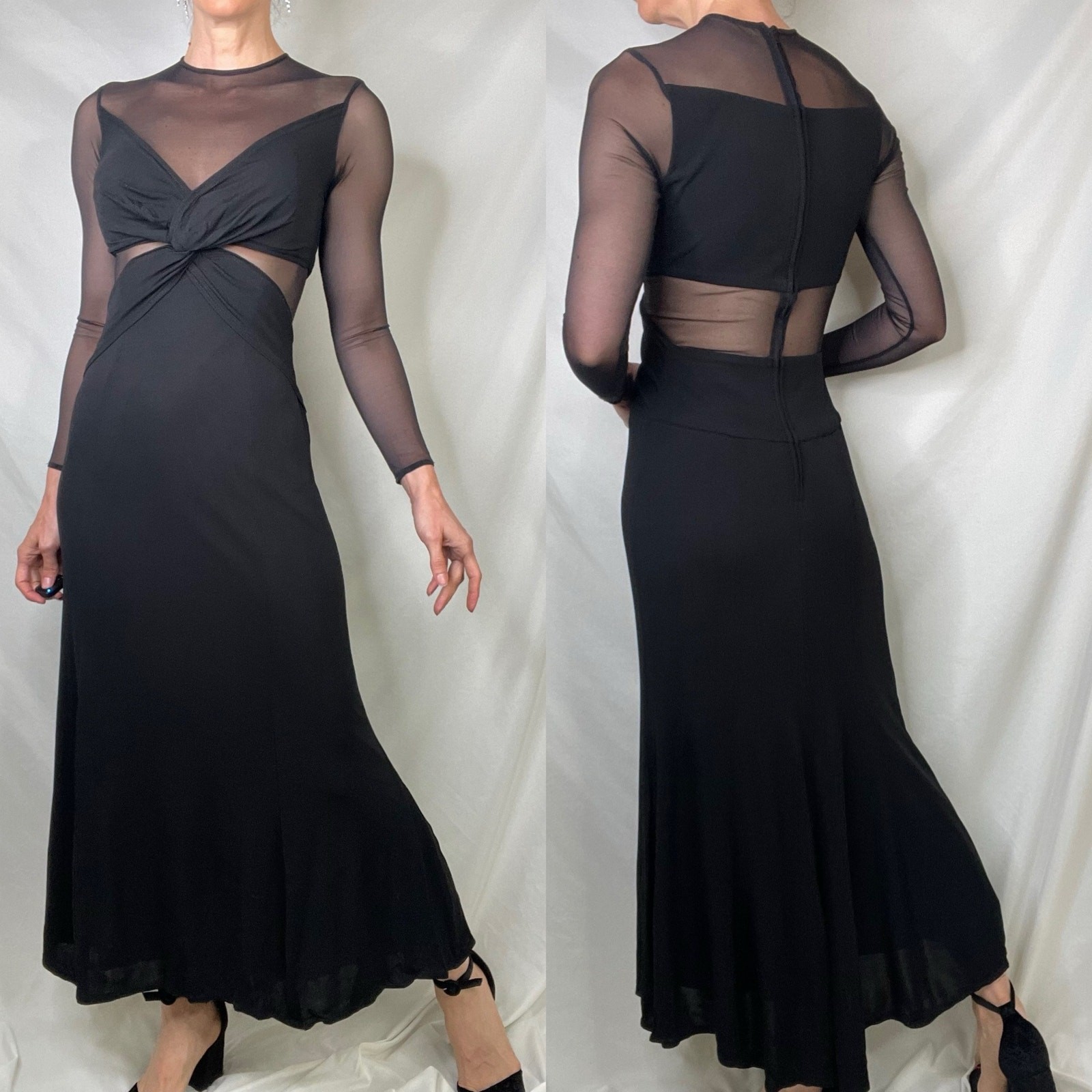 Cache Tadashi sheer illusion maxi dress vintage 90s Y2K mesh long sleeve gown S