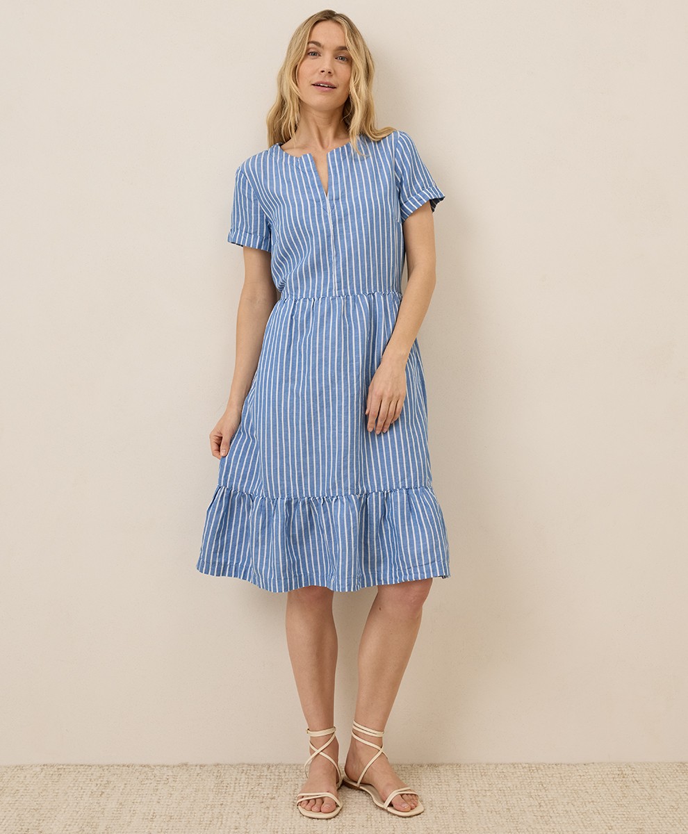Pact Women’s Medium Canopy Linen Blend Notch Neck Dress Bondi Stripe