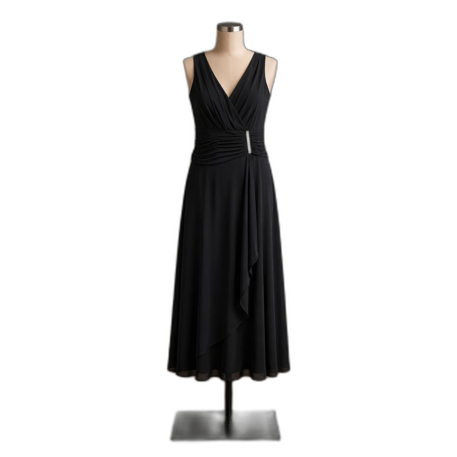 Jessica Howard Black Sleeveless Cocktail Dress Size 14 Rhinestone Waist Midi