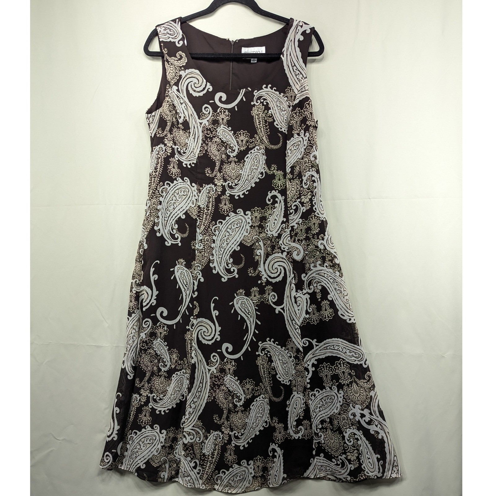 Studio I Brown Paisley Sleeveless Midi Dress Size 14 Career Casual Chic