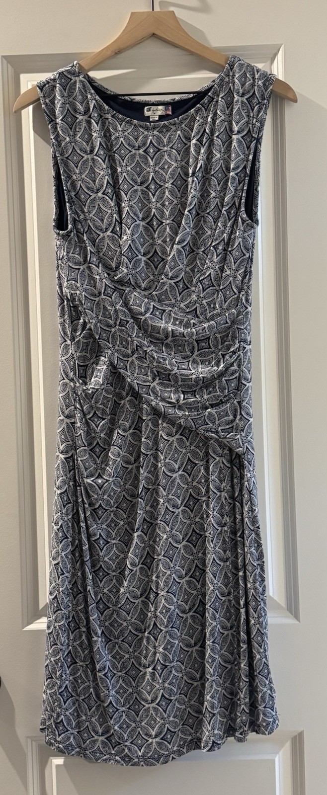 Kut From The Kloth Ruched Faux Wrap Dress Blue White Geometric Made USA Sz 10