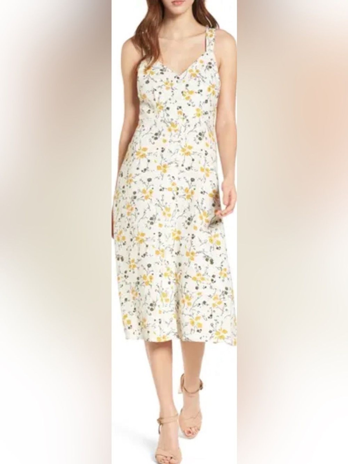 BP Nordstrom Floral Midi Dress Tie Front White Yellow Women’s M