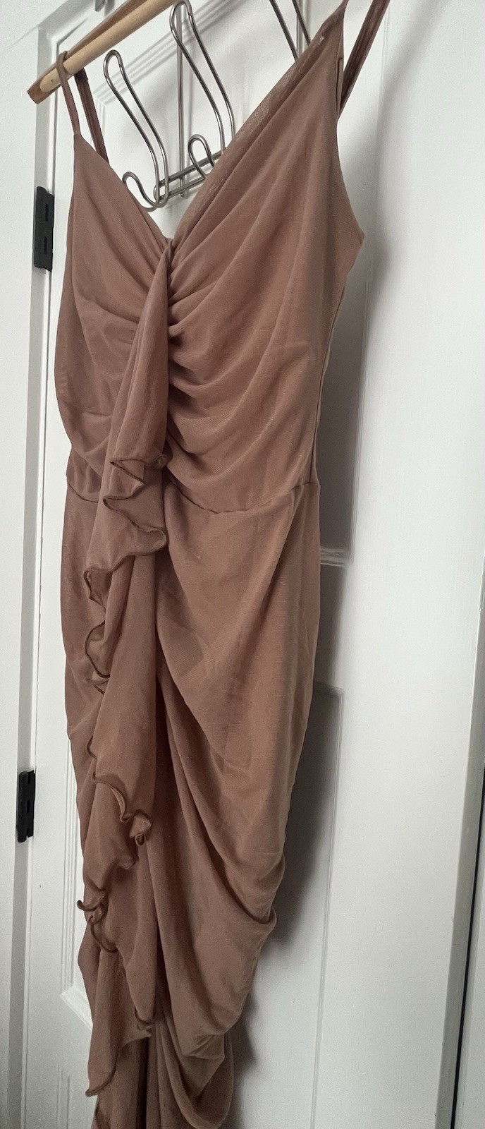 Womens Brown Ruched Ruffle Mesh V-Neck Bodycon Long Dress SheinM Lined StretchG5