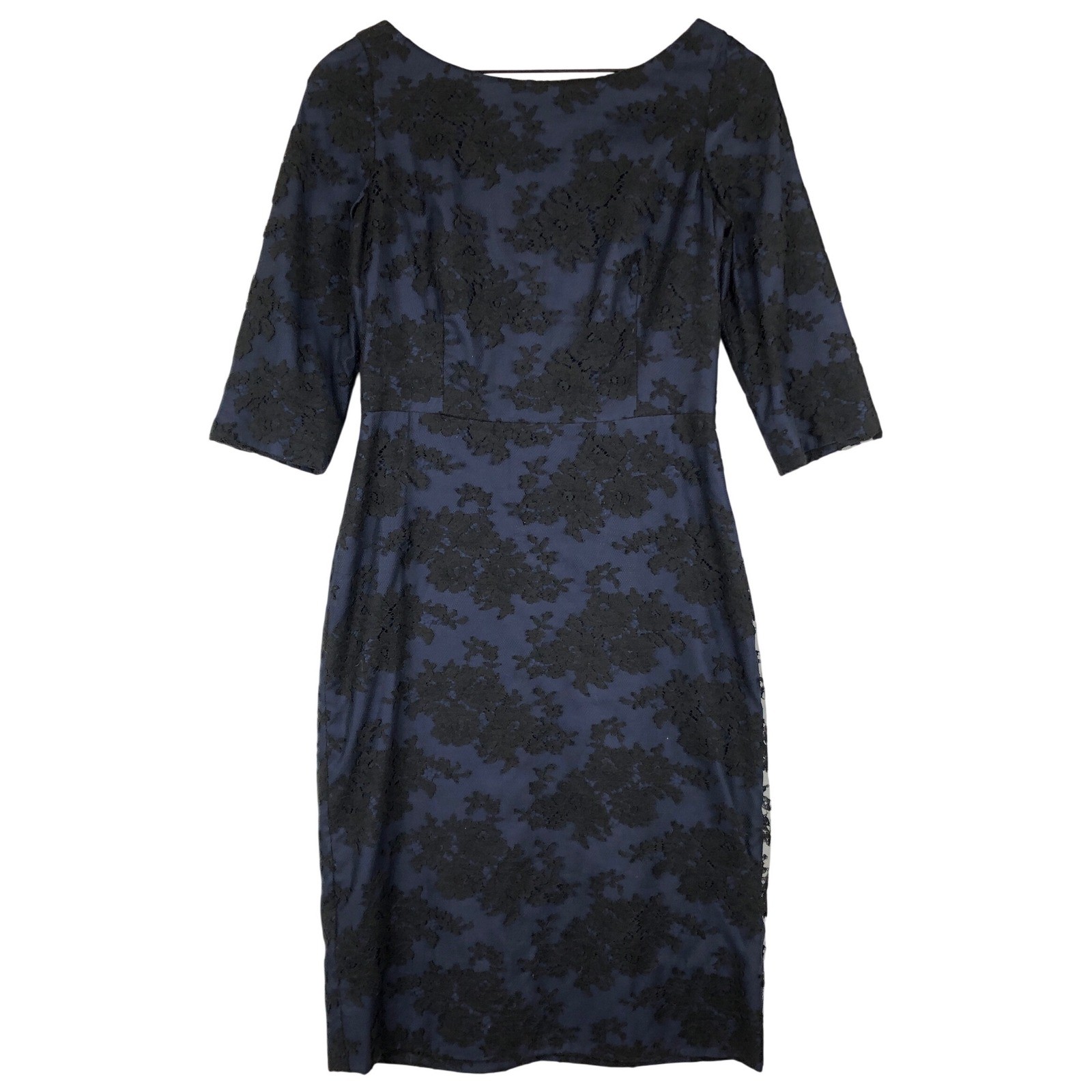 TULEH Lace Overlay Sheath Cocktail Dress Sz 6 Blue Black Overlay Half Sleeve