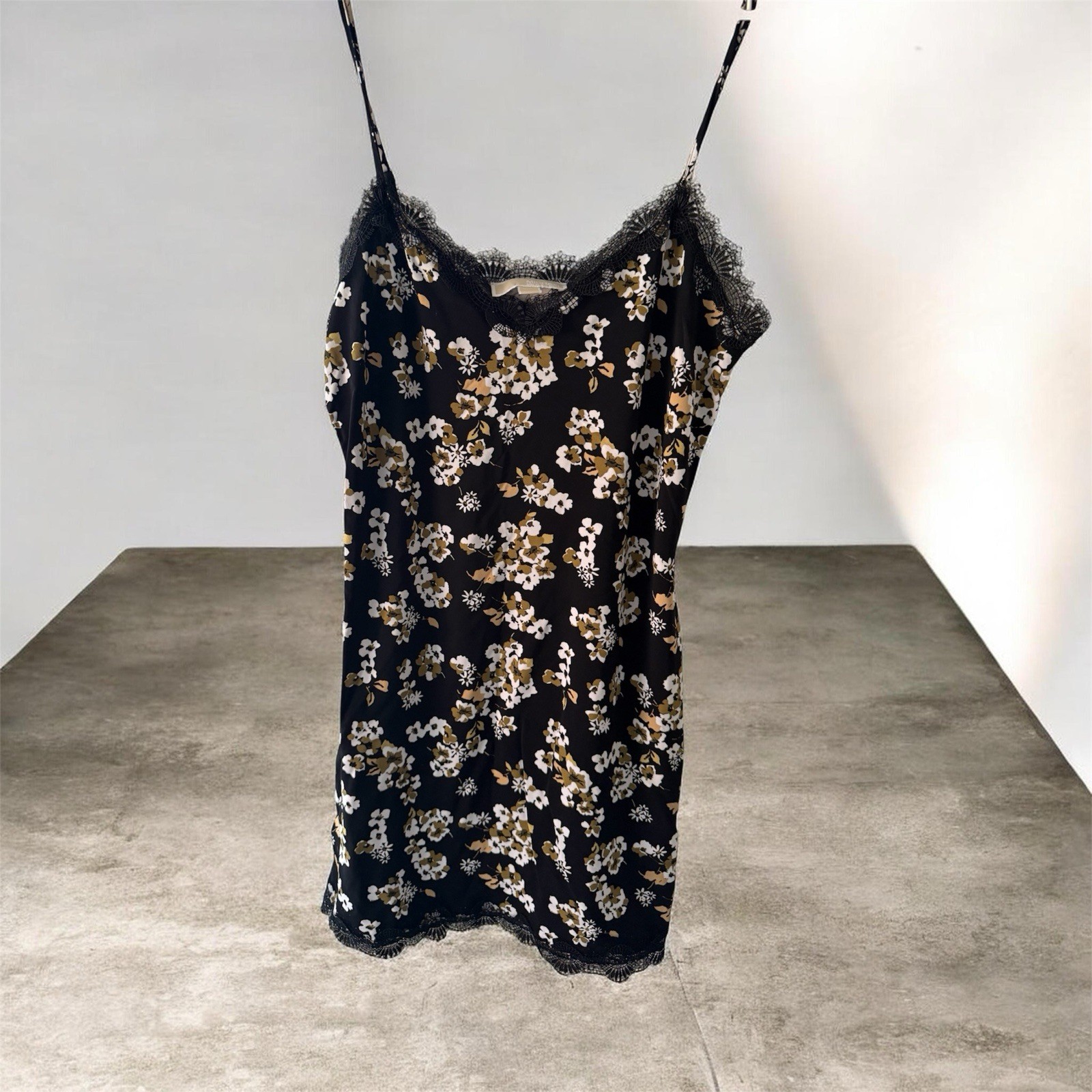 Michael Kors Floral Slip Dress Lace Trim Black White Camisole Mini Dress Size M
