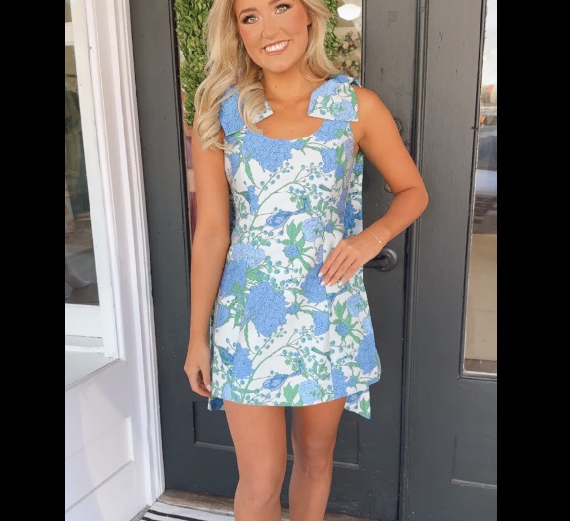 Sugarlips Willa XS Blue Floral Jacquard Bow Shoulder Mini Dress Wedding Party
