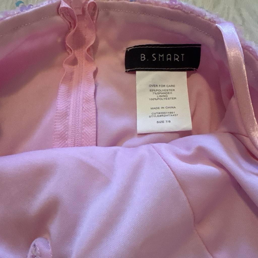 B. Smart Pink Sequin Long Gown V-Neck Spaghetti Straps Slit Juniors 7/8