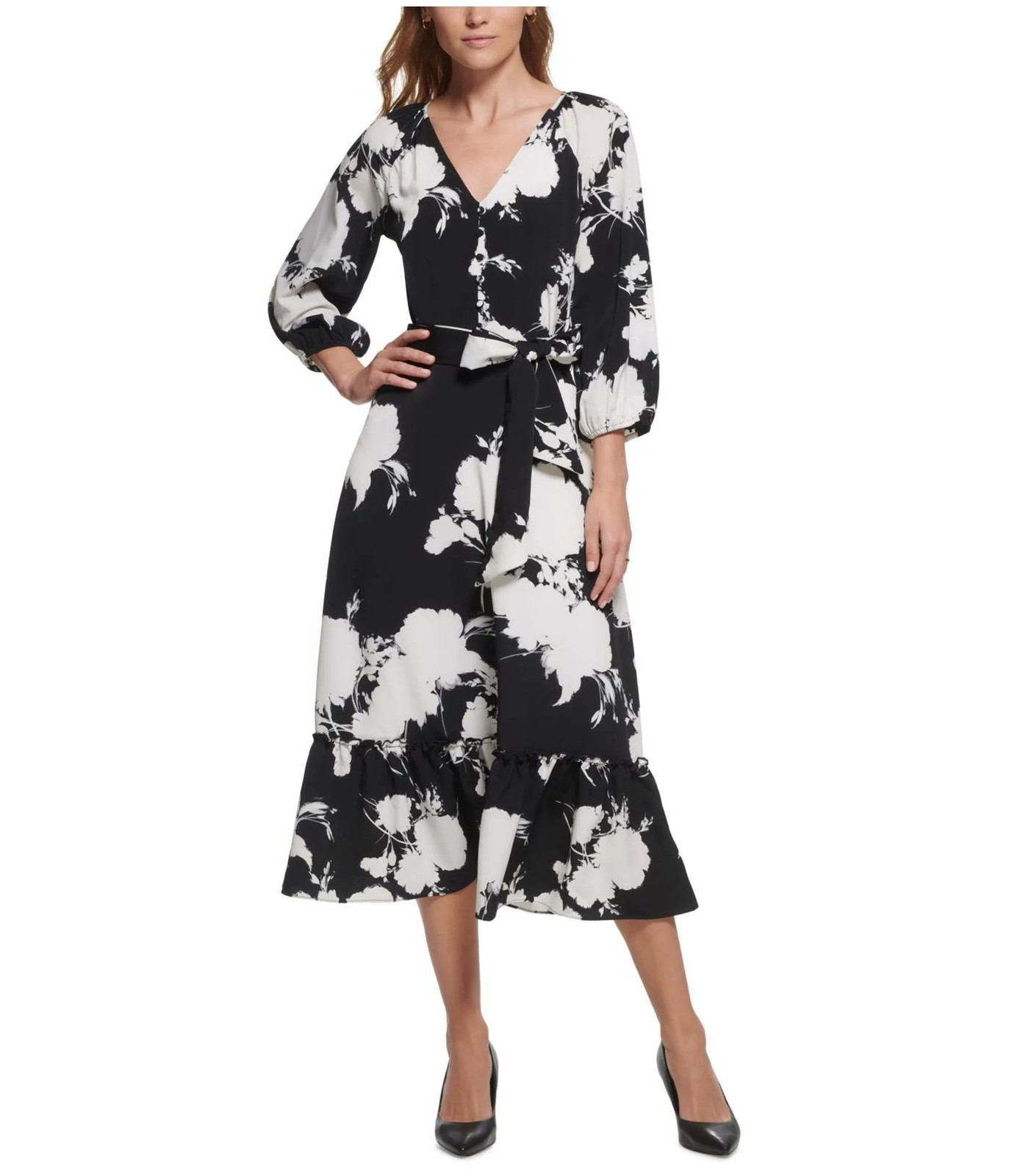 Karl Lagerfeld Womens Belted Floral Print Midi Dress, charcoal, 14