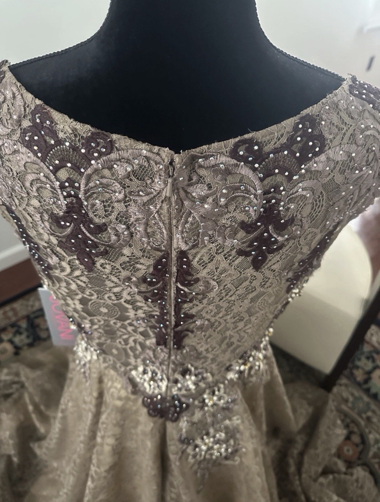 Jovani – Embellished Lace A – Line Evening Gown Taupe Size 14