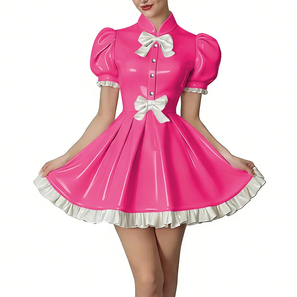 Puff Sleeve Dress with Bows PVC Leather Ruffled Dresses Lolita Party Outfit