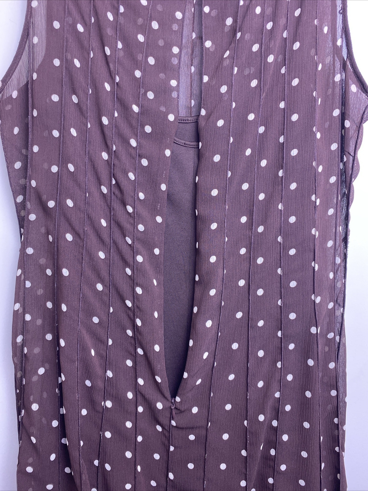 Brown White Polka Dot Sheer Lined Sleeveless Ruffle Dress Sz 12 Pretty Woman
