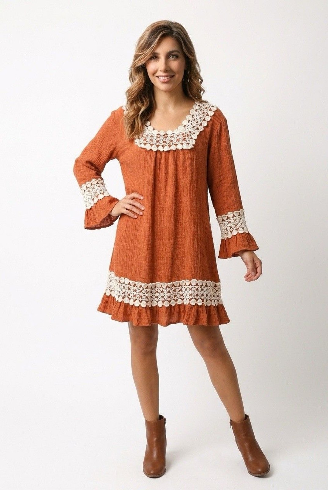 Indigo Soul Women’s Dress Rust Color Long Sleeve Boho Size Large