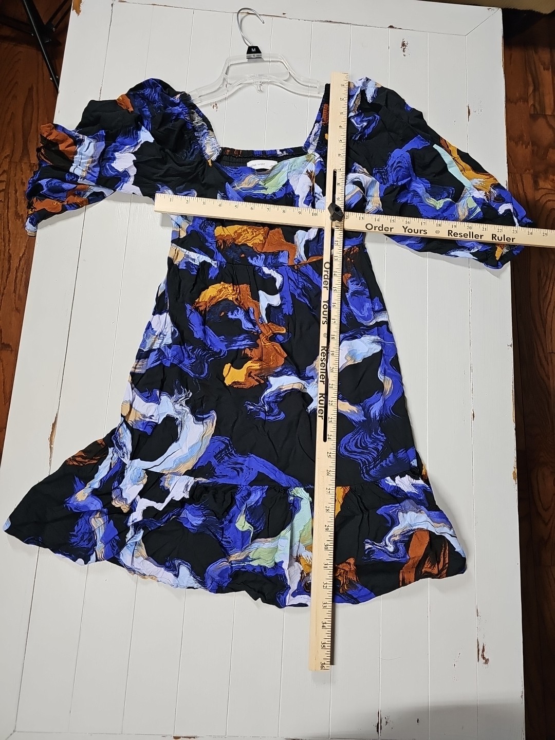 NINE WEST Blue Abstract Print Puff Sleeve Babydoll Lined Dress Size Small