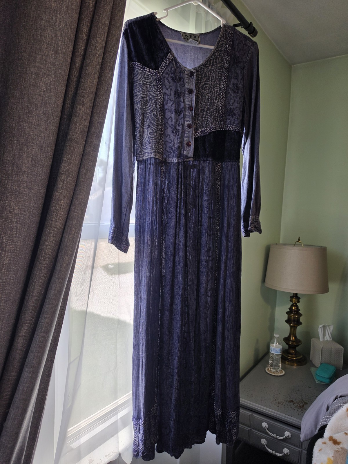 M.P.H. Blue Floral Velvet Rayon V-Neck Button Front Maxi Dress Tie Waist M